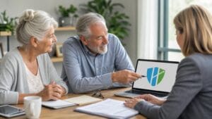 Senior couple meeting with a professional advisor who points to a shield logo on a laptop screen during a health insurance consultation.