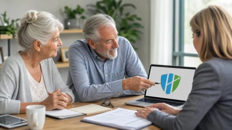 Senior couple meeting with a professional advisor who points to a shield logo on a laptop screen during a health insurance consultation.