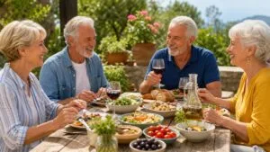 Four smiling seniors enjoy a Mediterranean meal with red wine and fresh salads at a sunlit outdoor wooden table in a lush garden.