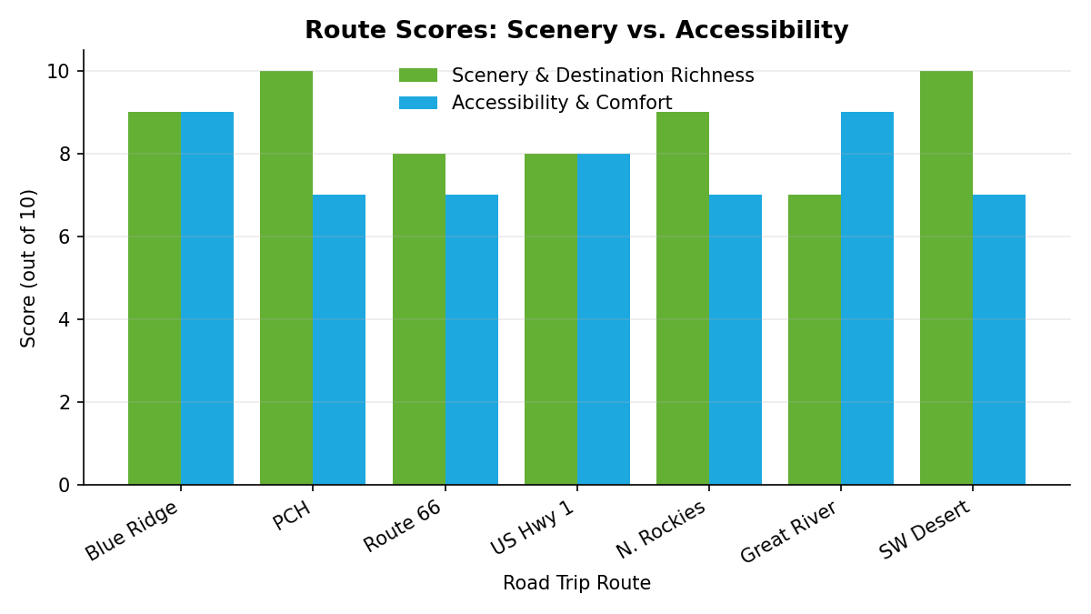 Grouped bar chart comparing scenery and destination richness scores versus accessibility and comfort scores for 7 retirement road trip routes. Blue Ridge Parkway scores 9 on both. Pacific Coast Highway scores 10 on scenery and 7 on accessibility. Southwest Desert Loop scores 10 on scenery and 7 on accessibility. Great River Road scores 7 on scenery and 9 on accessibility.
