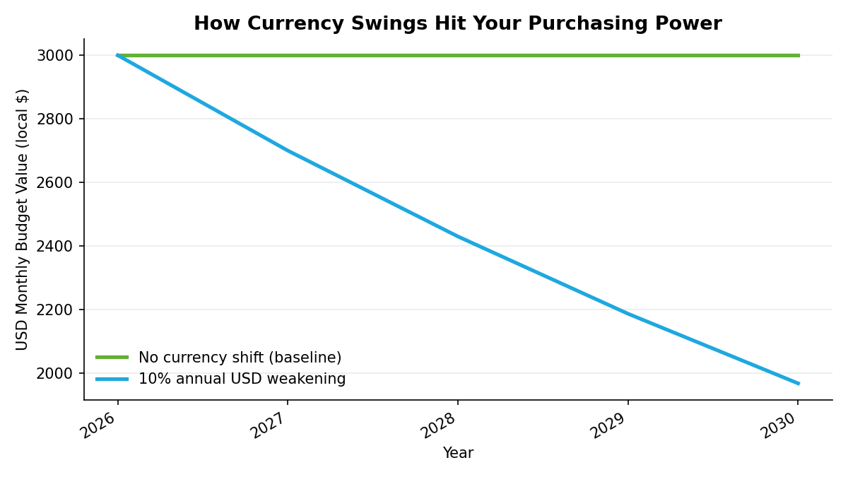 Line chart comparing the effective local purchasing power of a $3,000 monthly USD budget over five years with no currency shift versus a 10% annual weakening of the US dollar against a local currency.