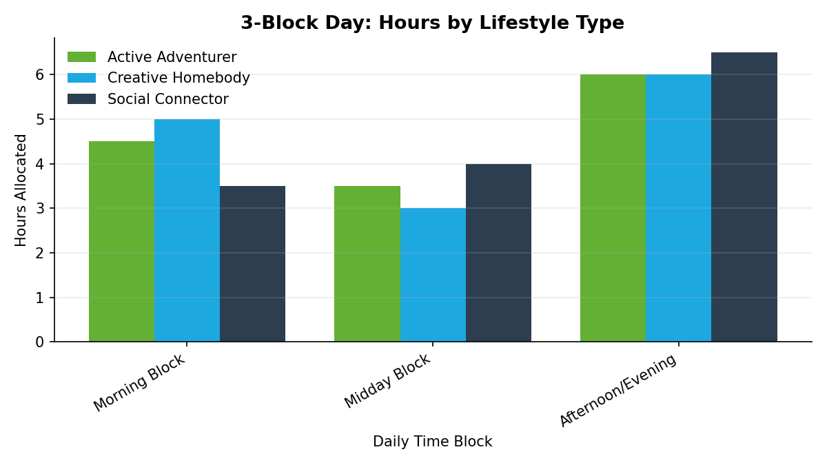 Grouped bar chart showing how three different retirement lifestyle types — Active Adventurer, Creative Homebody, and Social Connector — allocate waking hours across morning, midday, and afternoon/evening blocks, illustrating how the same three-block framework adapts to different priorities.