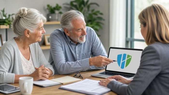 Senior couple meeting with a professional advisor who points to a shield logo on a laptop screen during a health insurance consultation.