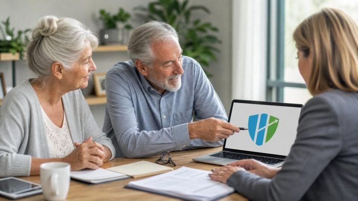 Senior couple meeting with a professional advisor who points to a shield logo on a laptop screen during a health insurance consultation.